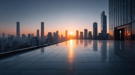 City skyline office rooftop with soft sunlight and reflections urban business background for leadership and future growth themes
