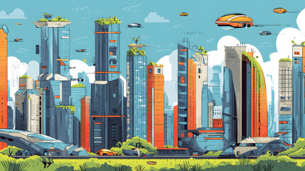 flat illustration of a utopian futuristic city