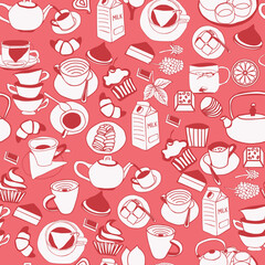 pattern of  kitchen utensils  teapots, tea cups, milk