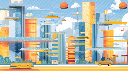 flat illustration of a utopian futuristic city