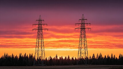 Fototapeta premium Silhouette of power lines at sunset over a field.
