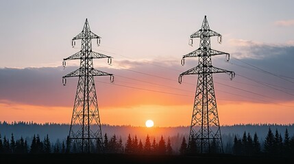 Fototapeta premium Power lines stretching across a landscape at sunset.