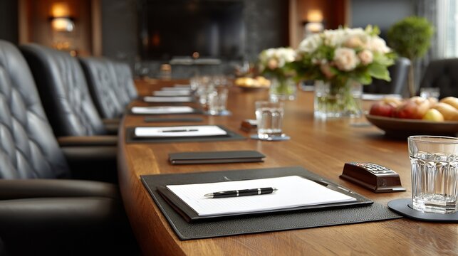 Clean boardroom presentation remote agenda sheets and untouched refreshments professional setup as business background