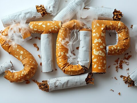 Cigarettes creatively arranged to spell out stop, showcasing the urgency of tobacco cessation and health awareness