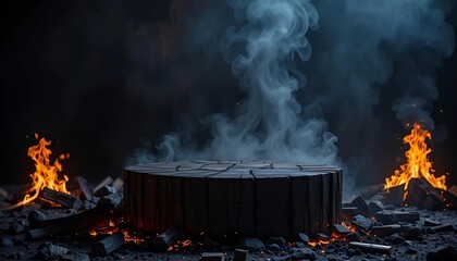 Blackened burnt wood display podium in smoky, dramatic environment for bold or intense product showcase