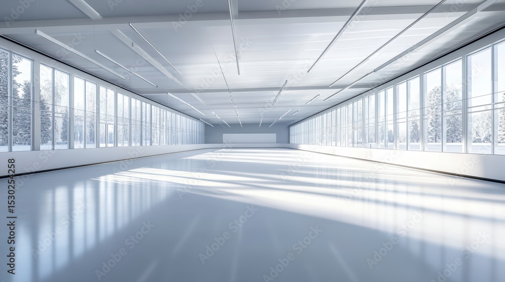 Poster sunlit, expansive modern empty room with large windows and winter trees view.