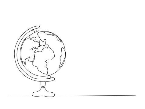 globe world map in single line draw illustration. Continuous one line drawing of world globe. Editable stroke.