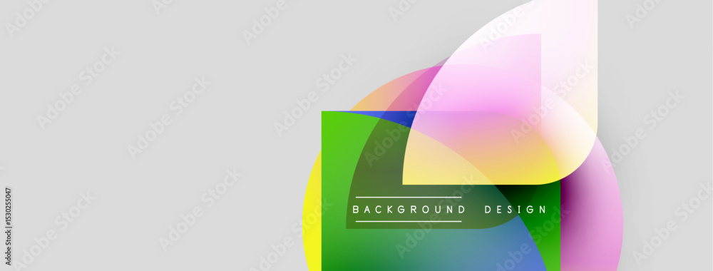 Poster Abstract design features overlapping shapes, vibrant colors, text elements. Modern aesthetic, clean lines, suitable for backgrounds.