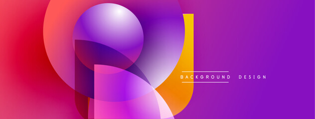 Abstract vibrant shapes overlap, creating dynamic gradient effect. Purple, pink, orange hues dominate composition. Modern design element.