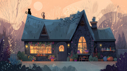 flat illustration of a witches cozy cottage deep
