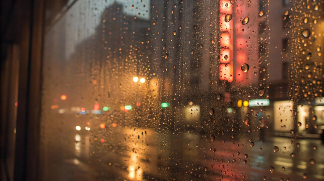 Raindrops on a city window at night with blurred lights, urban melancholy atmosphere, rainy evening mood, introspective moment, cinematic cityscape backdrop