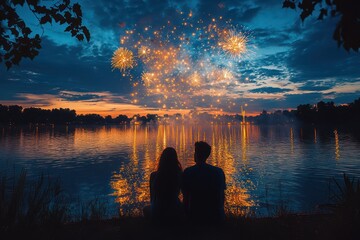 Fireworks illuminate the night sky as a couple enjoys a serene romance by the lakeside