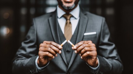 Breaking free from addiction through determination and strength as hands snap a cigarette in a moment of resolve