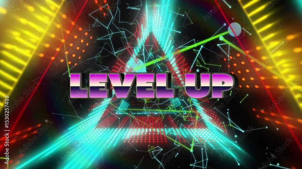 Aufkleber glitching scan initiating pulsing red triangle converging particles then revealing level up text