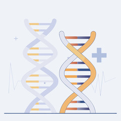 Illustrated dna strands with plus signs and heartbeat line