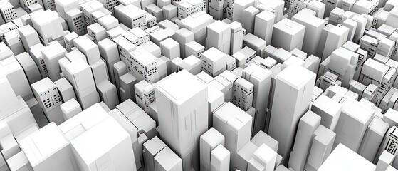 A bird's-eye view of a dense, monochromatic cityscape rendered in a minimalist, block-like style, suggesting a futuristic or abstract urban environment