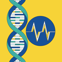 Dna strand and heartbeat symbol on a yellow background