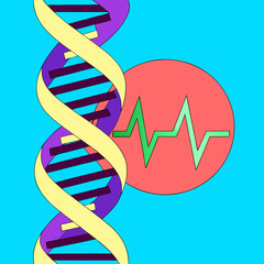 Dna strand with heartbeat symbol on a blue background