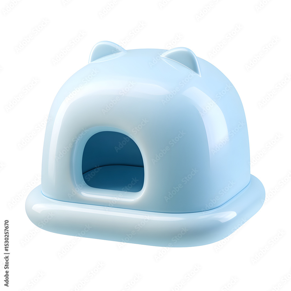 Poster cute and modern 3d icon of a pastel blue cat house with a soft plastic texture and a rounded cartoon