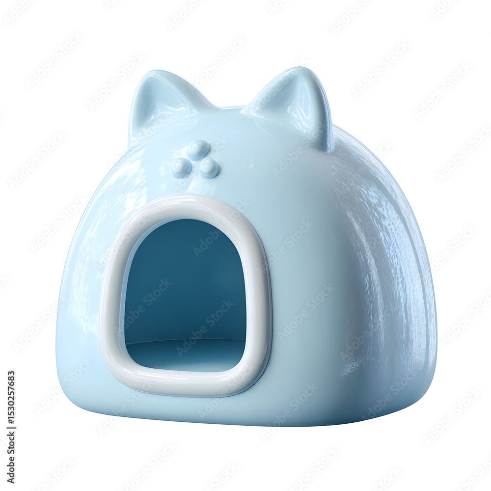 Poster stylized 3d cartoon inspired pastel blue cat house with a rounded soft plastic texture and a simple 
