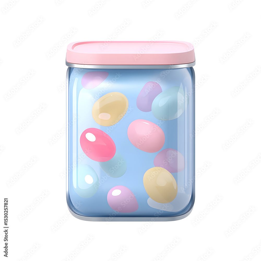 Poster whimsical pastel toned plastic container filled with a variety of colorful tempting candies and swee
