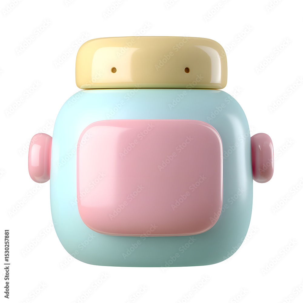 Poster Pastel colored plastic container shaped like a friendly robot with a smooth rounded design and soft minimal aesthetic