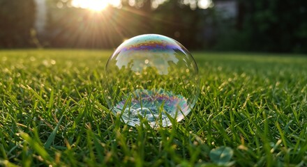 A delicate soap bubble rests on lush green grass, reflecting the vibrant colors of the surrounding environment. The sunlight creates a magical glow, capturing a serene summer moment.