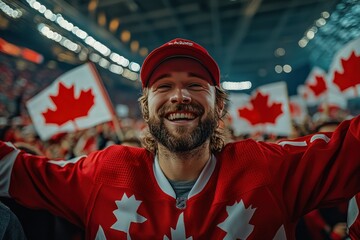 Celebrating together in the stands, hockey fans cheer passionately for their team in vibrant red and white jerseys under dazzling stadium lights