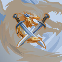 Illustration of a dragon head with crossed swords design