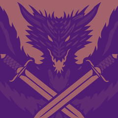 Stylized dragon with crossed swords in purple and brown