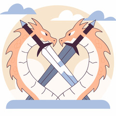 Two dragons facing each other with crossed swords behind