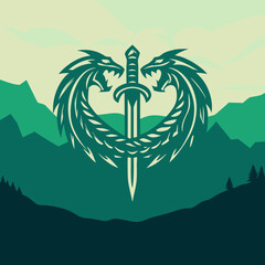 Two dragons encircling a sword in a mountainous landscape