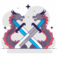 Two dragons facing each other with crossed swords between