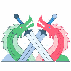 Two dragons face each other with crossed swords between