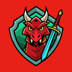 Red dragon with sword on shield emblem on red background