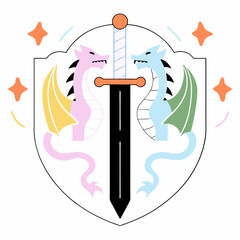 Shield with dragons sword and stars fantasy illustration