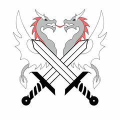 Two facing dragons with crossed swords heraldic design