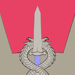 Sword piercing through intertwined dragon heads on crest