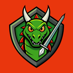 Illustration of a green dragon with a sword and shield