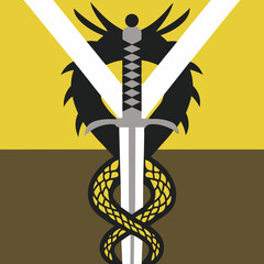 Sword with snake and dragon on a yellow and brown background