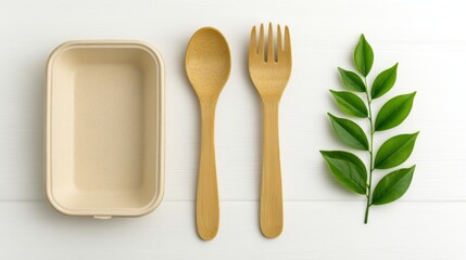 Eco Friendly concept. Eco-friendly dining set featuring biodegradable utensils, a container, and a fresh green leaf on a minimalist background.