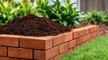 Eco Friendly concept. Fresh garden soil piled on brick landscape edging adds beauty to outdoor spaces, perfect for gardening enthusiasts.