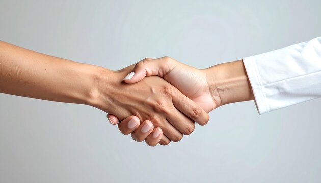 Handshake Agreement  Cooperation Closeup of two hands clasping on a grey background.