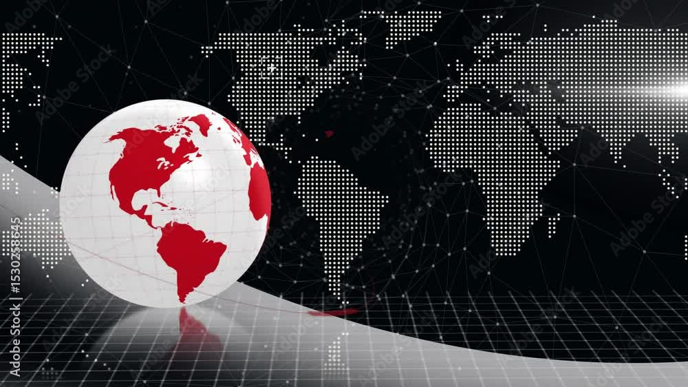 Poster opening globe, red-white sphere rotating and tracing red arc, pulsing nodes illustrating data flow