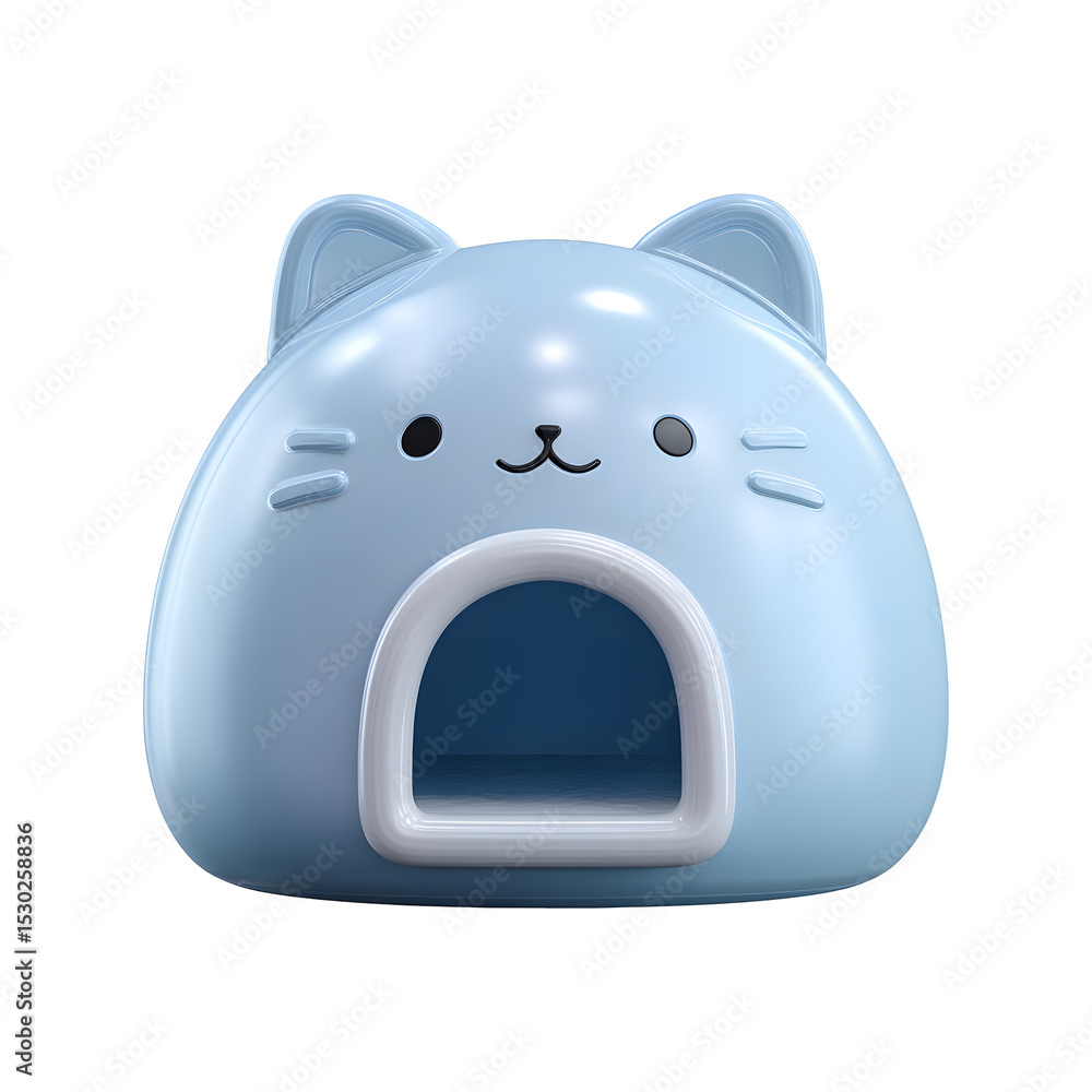 Poster a soft rounded cat house in a calming pastel blue color with a cute and minimalist design providing 