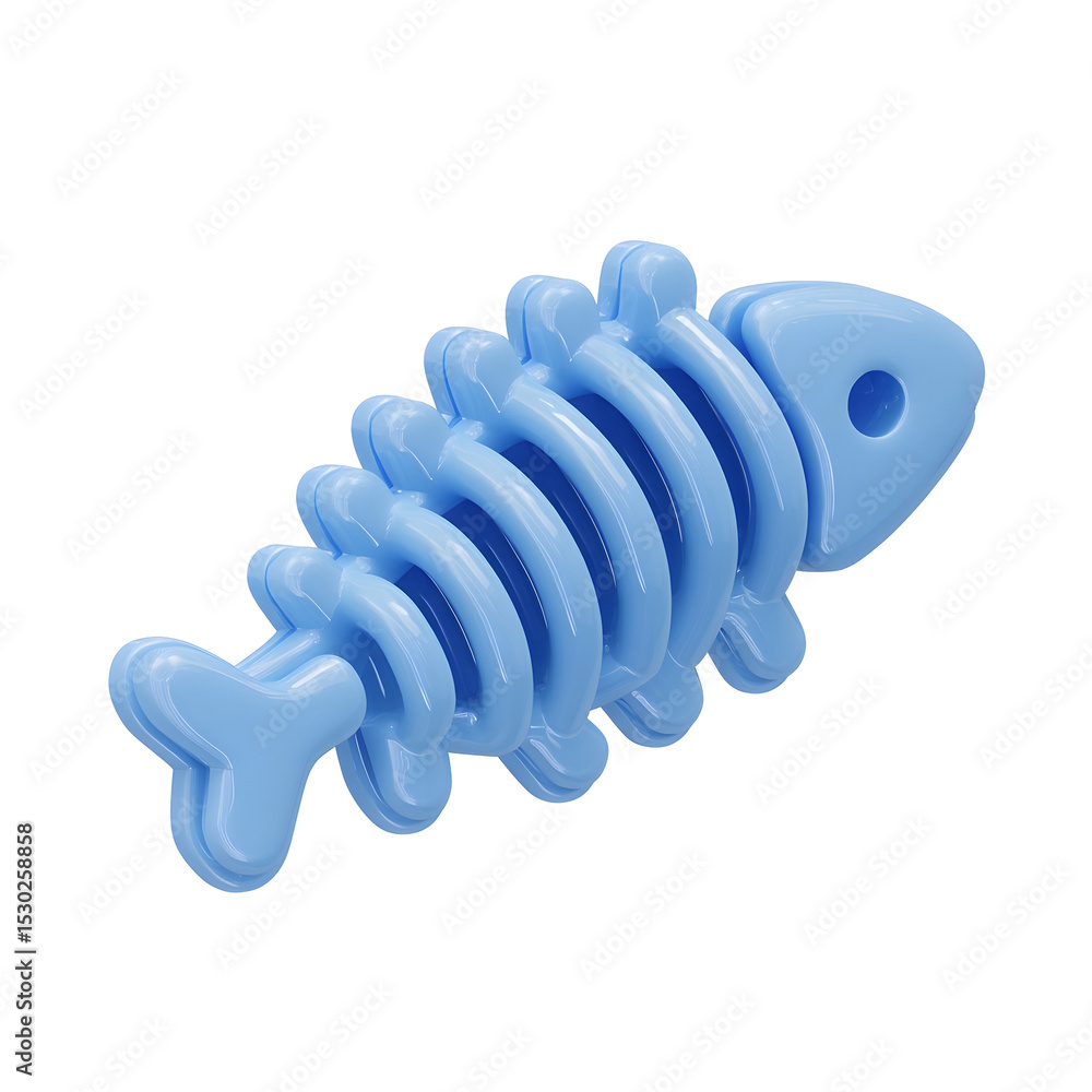 Poster soft blue plastic chew toy in the shape of a stylized fish skeleton designed for pets to play with a