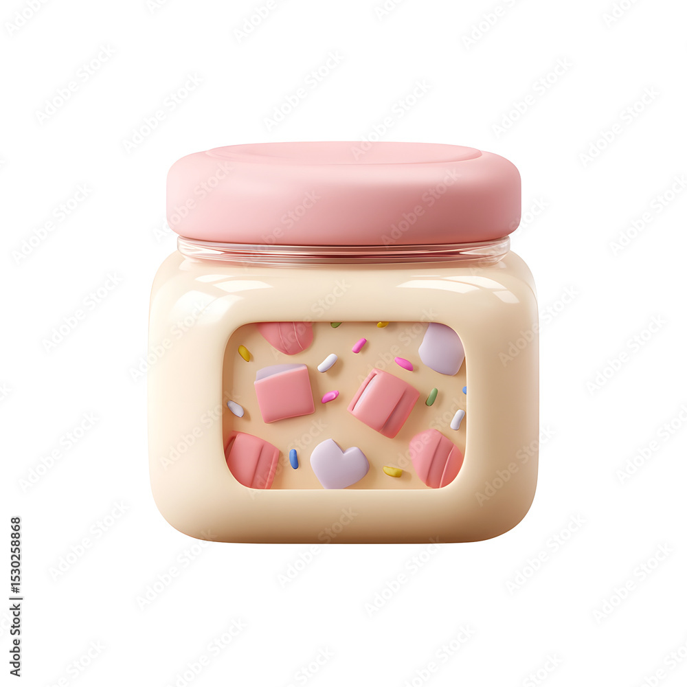 Poster a round translucent container with a soft pastel colored lid filled with an assortment of colorful t