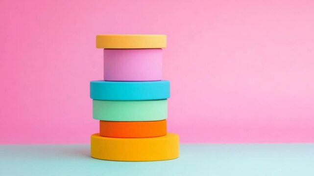Colorful stacked circular boxes on a pastel background, creating a cheerful and vibrant atmosphere