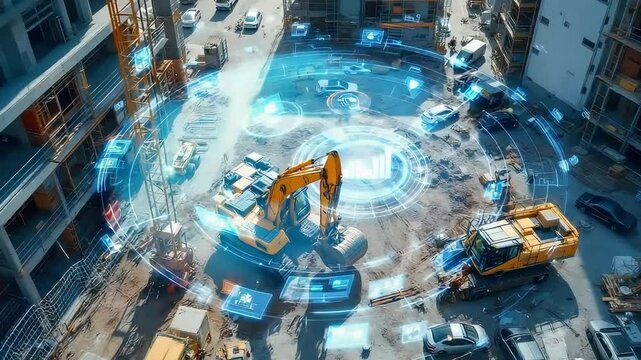 Aerial view of construction site with augmented reality interface overlay