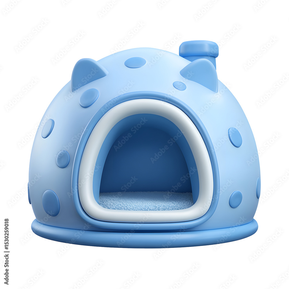 Poster A cozy and inviting blue pastel cat house with a soft rounded plastic texture and a simple modern design for a pet friendly home or indoor space